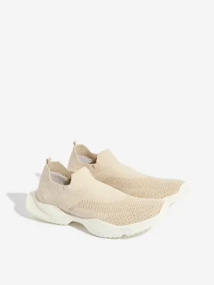 Yellow Beige Knit-Textured Slip-On Shoes