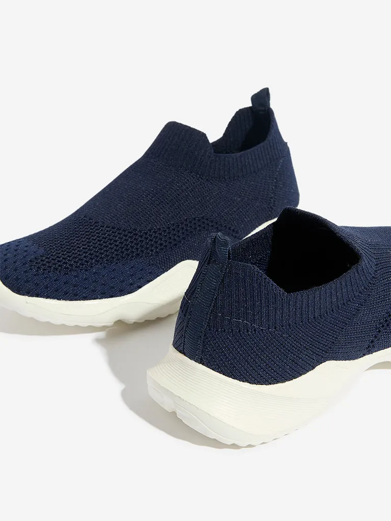 Yellow Navy Knit-Textured Slip-On Shoes