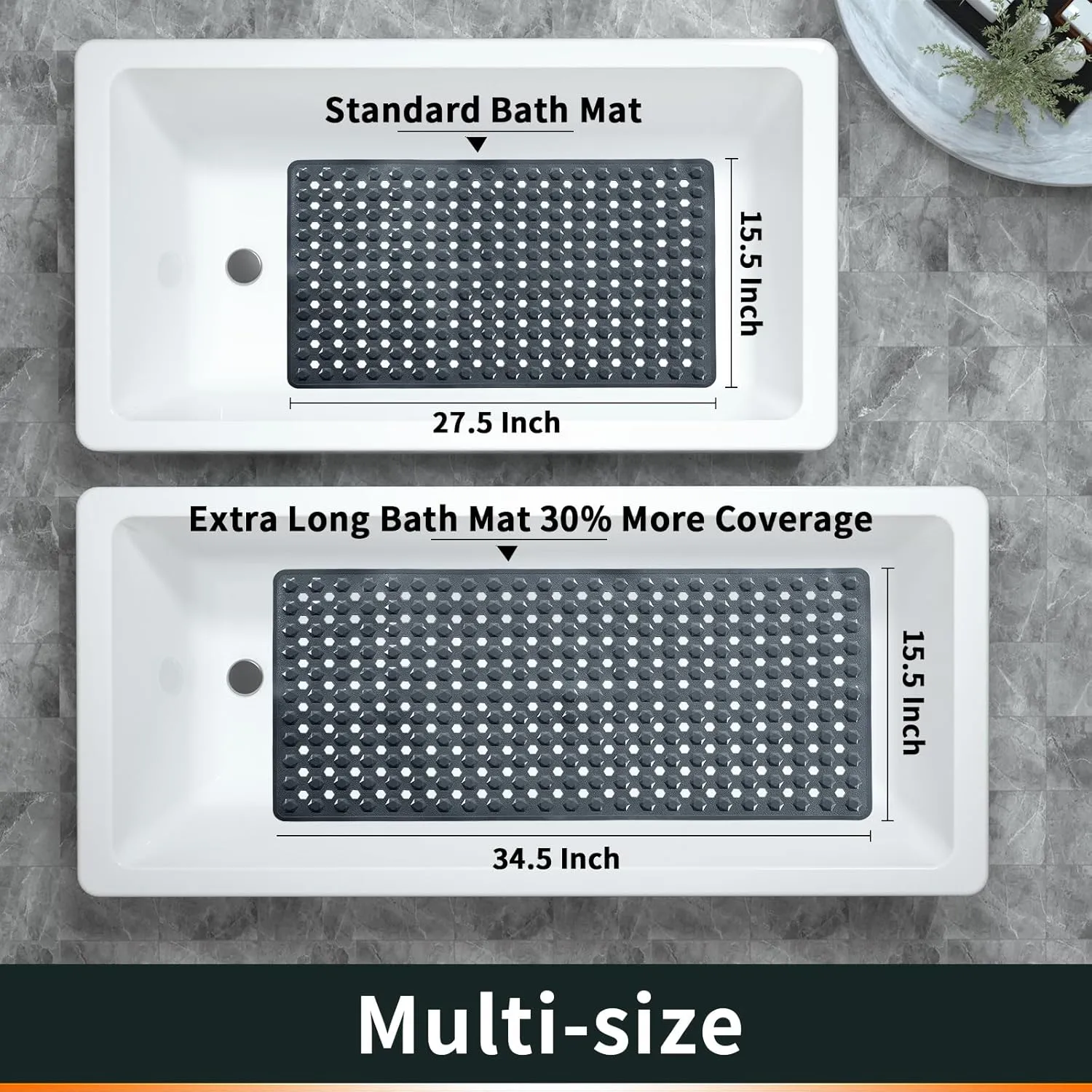 Yimobra Bathtub Shower Mat 34.5 x 15.5, Non Slip Bath Mats for Tub Floor with Drain Hole and Suction Cups, Soft on Feet, Machine Washable, Easy Dry, Dark Grey