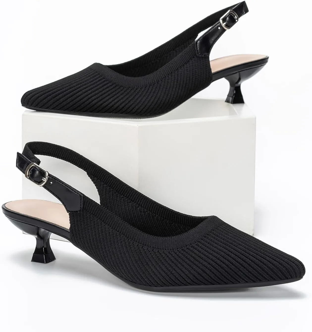 youngshow Pointed Toe Women Pumps, Comfort Slingback Heels with Arch Support, Cute Kitten Heels with Ankle Strap for Womens, Walking Office, Black