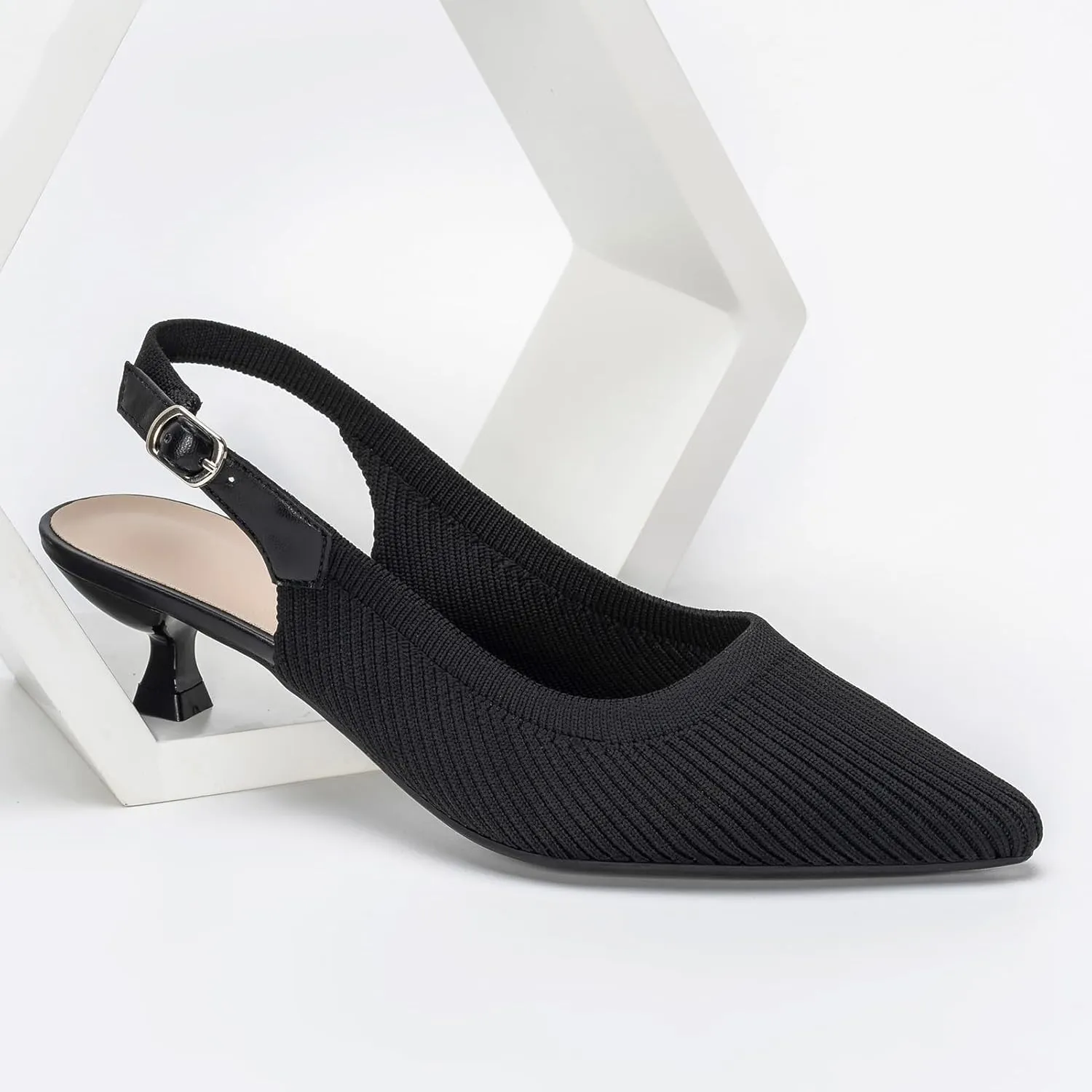 youngshow Pointed Toe Women Pumps, Comfort Slingback Heels with Arch Support, Cute Kitten Heels with Ankle Strap for Womens, Walking Office, Black