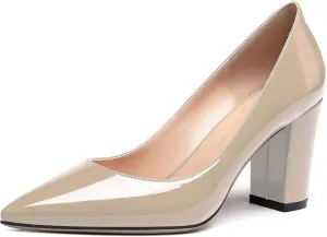 Zamikoo Women's Chunky Heel Pumps Pointy Toe Slip On Classic High Heel Shoes 3.35 Inches