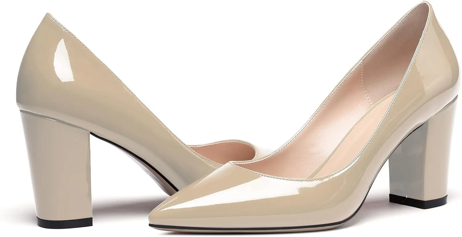 Zamikoo Women's Chunky Heel Pumps Pointy Toe Slip On Classic High Heel Shoes 3.35 Inches